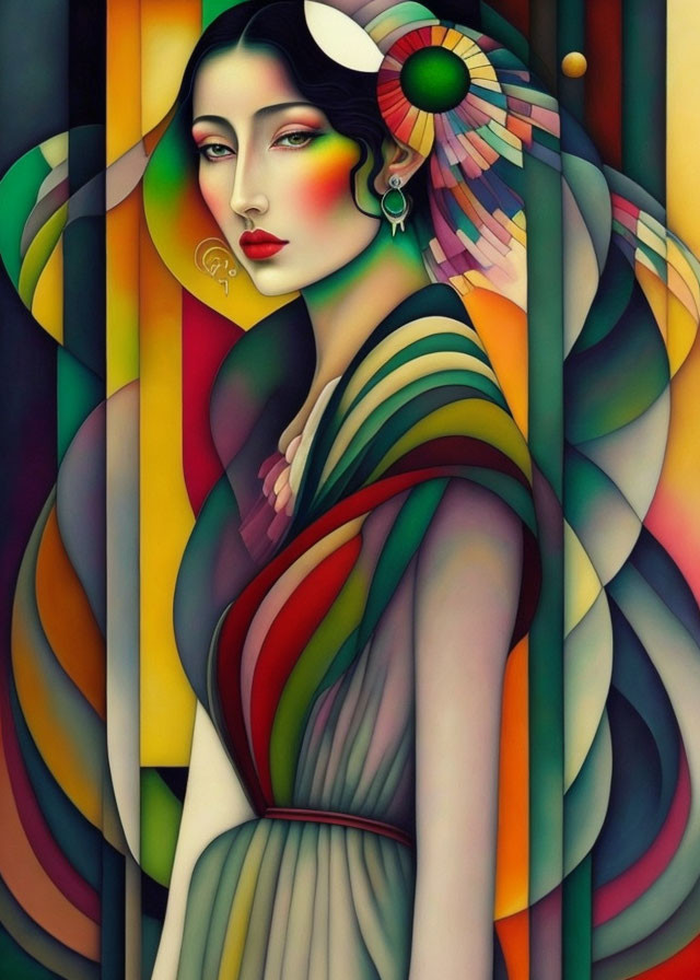 Colorful Stylized Portrait of Woman with Serene Expression