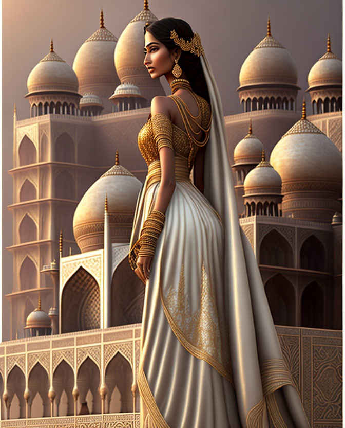 Traditional Indian Attire Woman Illustration in Palace Setting