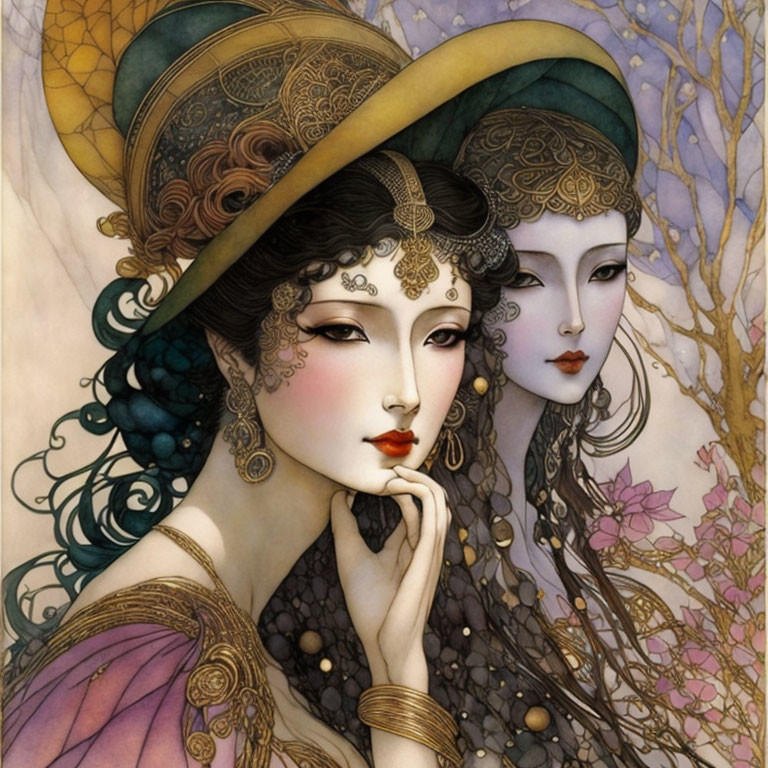 Stylized Art Nouveau female figures with intricate headdresses and floral backdrop