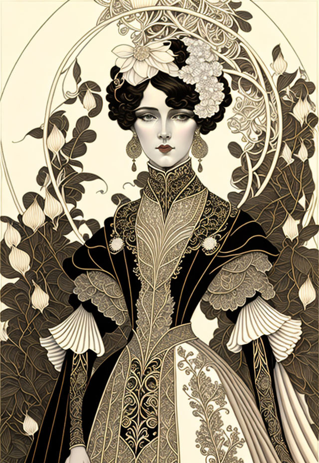 Art Nouveau style portrait of a woman in black and gold dress with floral patterns