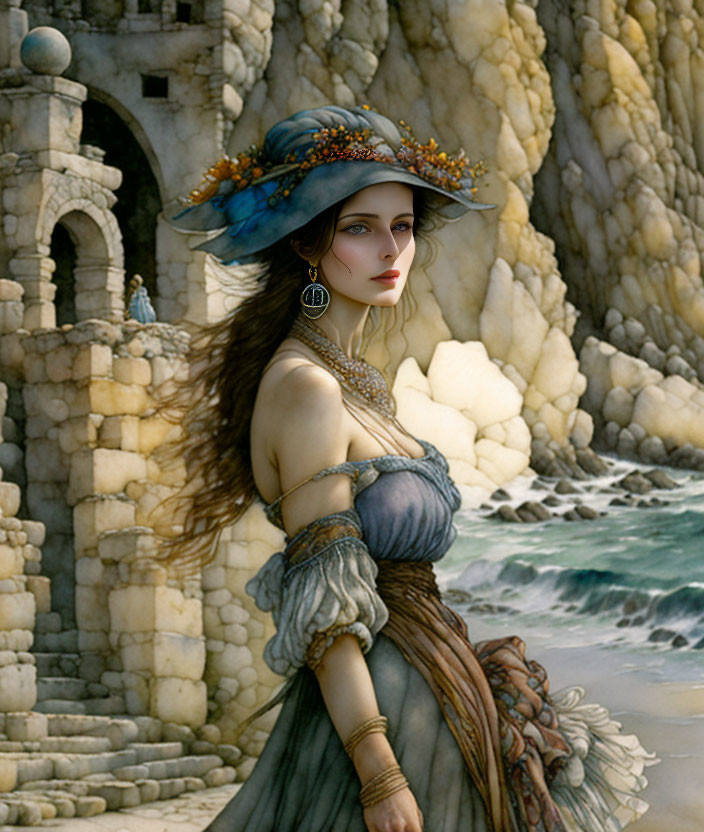 Vintage-dressed woman with wide-brimmed hat by rocky coast and stone tower