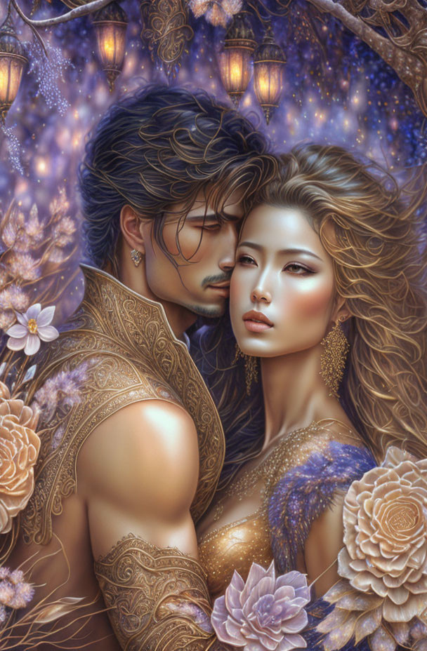 Romantic digital art: man and woman embrace with fantasy elements