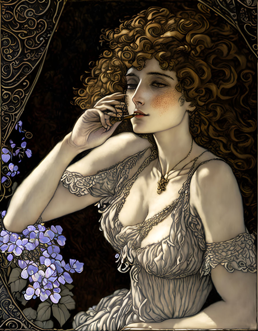 Art Nouveau Illustration of Pensive Woman with Curly Hair and Ornate Dress