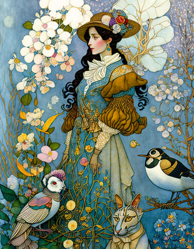 Art Nouveau Woman in Vintage Clothing with Flowers, Birds, and Cat