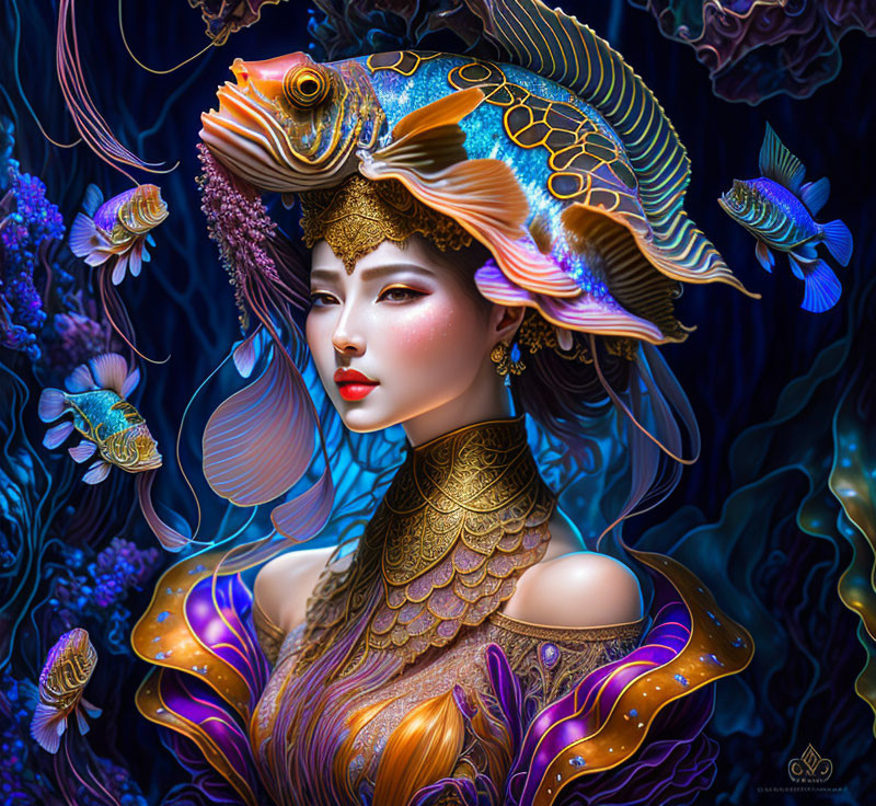 Digital artwork featuring woman with stylized features and gold accessories surrounded by tropical fish in a dark aquatic setting