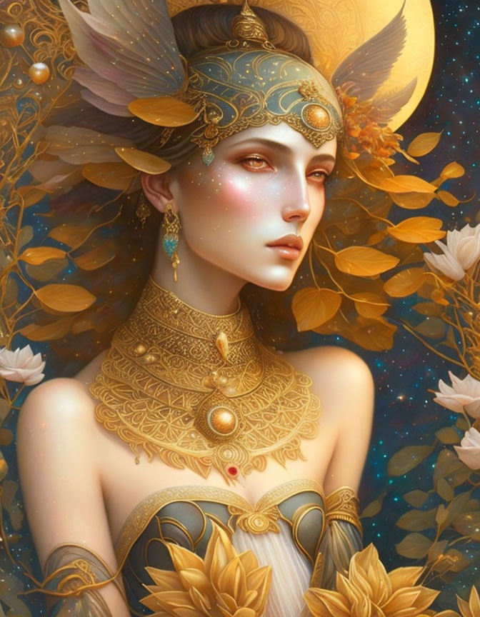 Ethereal figure adorned with golden jewelry in fantasy setting