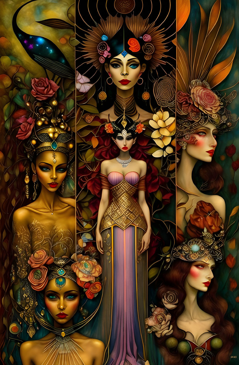 Six elegantly adorned female figures in intricate costumes against a celestial-themed dark background