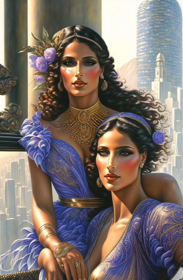 Elegant blue dresses and gold jewelry against urban backdrop with skyscrapers