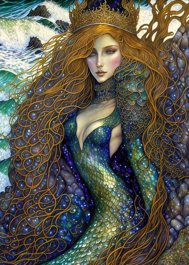 Illustrated mermaid with long hair, crown, and shimmering tail in ocean waves