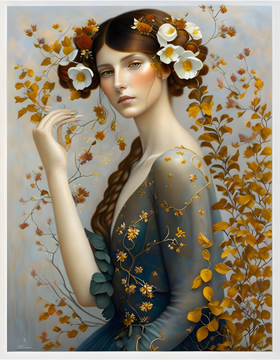 Auburn-Haired Woman in Floral Wreath Surrounded by Golden Foliage