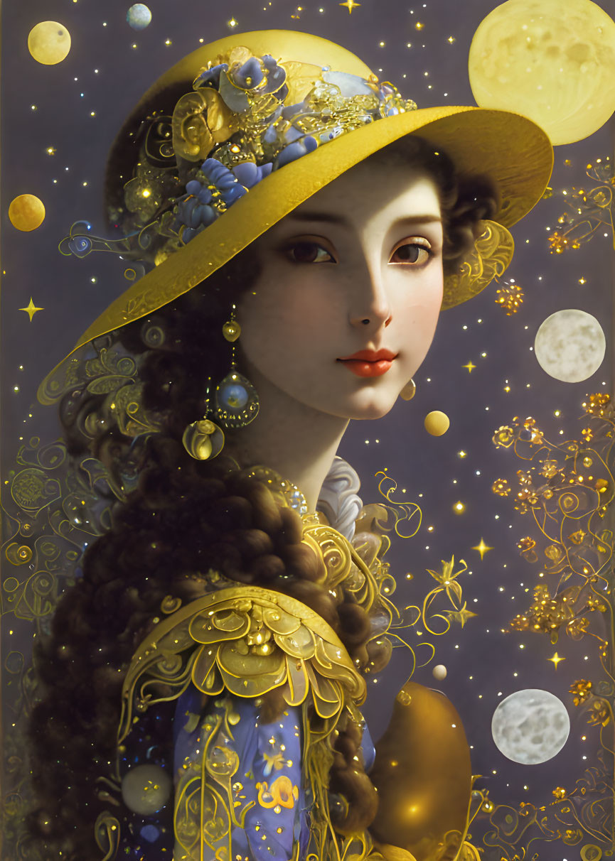 Illustrated Woman in Ornate Hat and Dress with Celestial Background