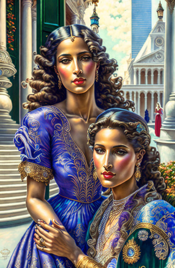 Two women in ornate blue traditional dresses with gold detailing, standing elegantly against architectural backdrop.