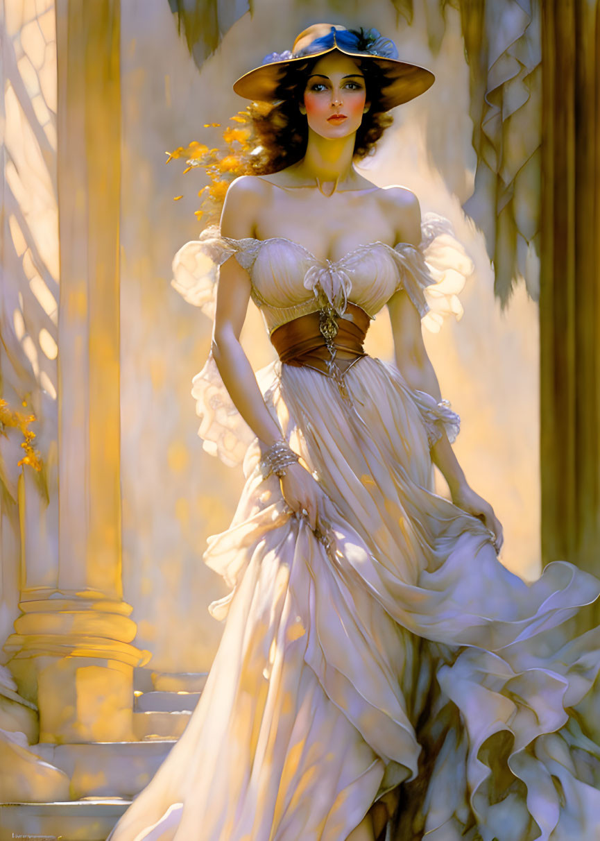 Woman in Off-Shoulder Ivory Gown Among Classical Columns