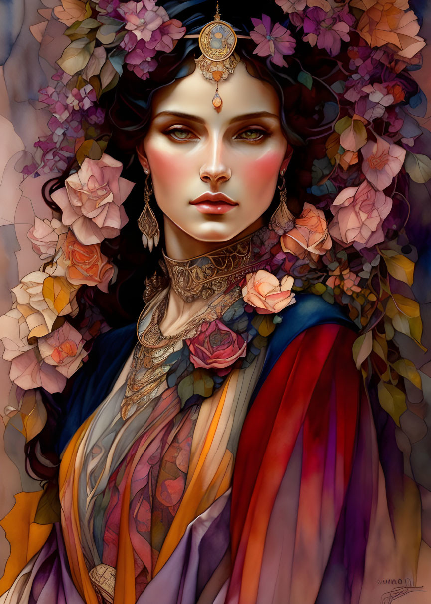 Illustrated woman with floral crown and vibrant attire