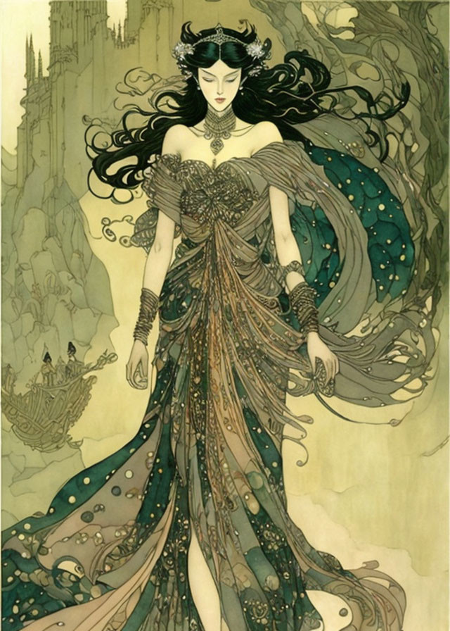 Art Nouveau style female figure in peacock dress and headdress