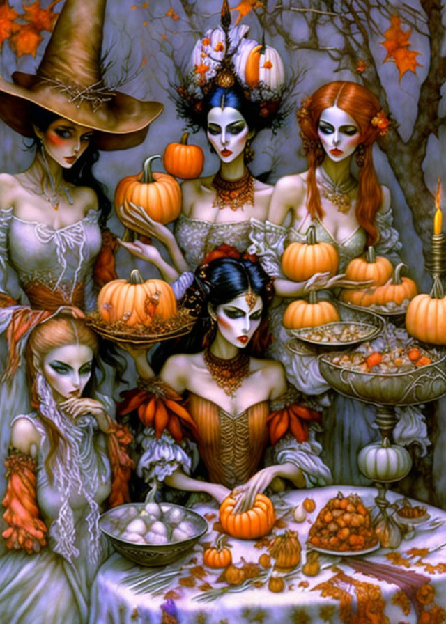 Illustration of four gothic women in Halloween setting