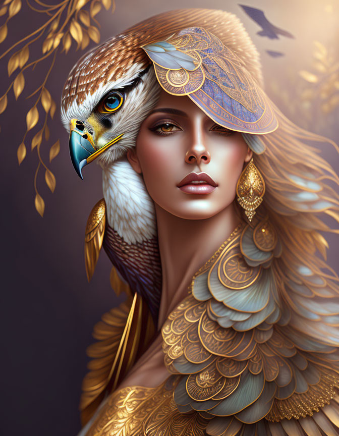 Digital artwork of woman's face merged with eagle features and adorned with gold jewelry and feathered hat in