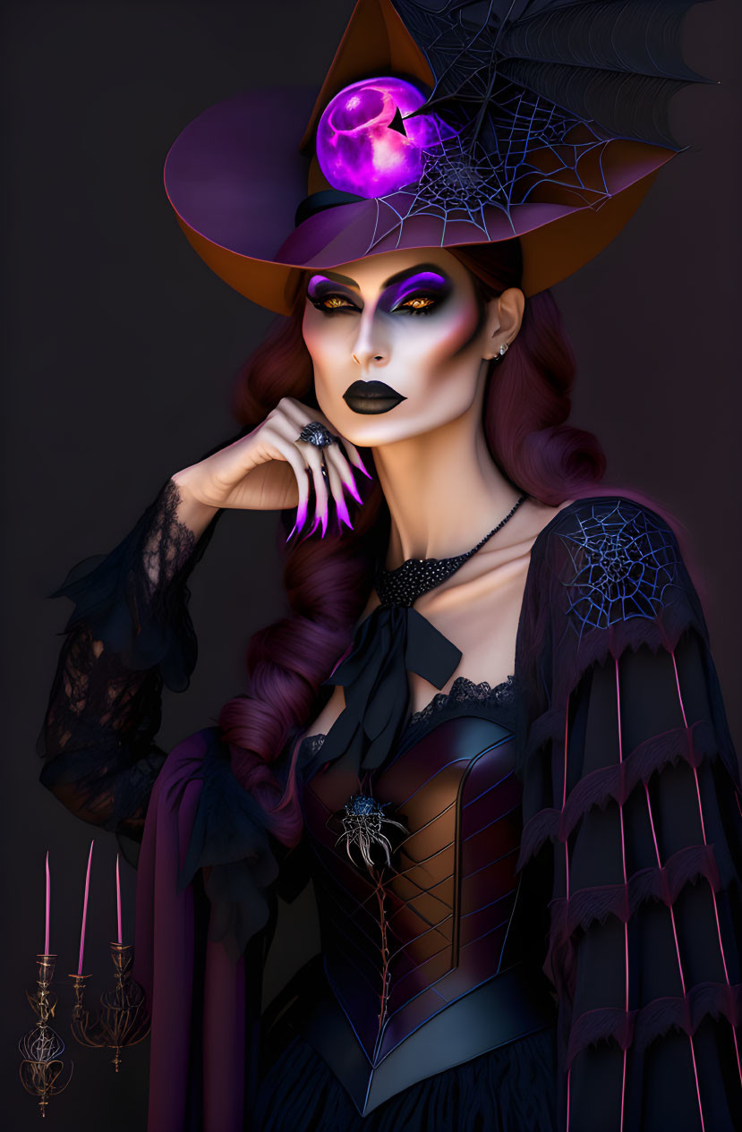 Stylized digital artwork of woman in witch costume with spider web motif