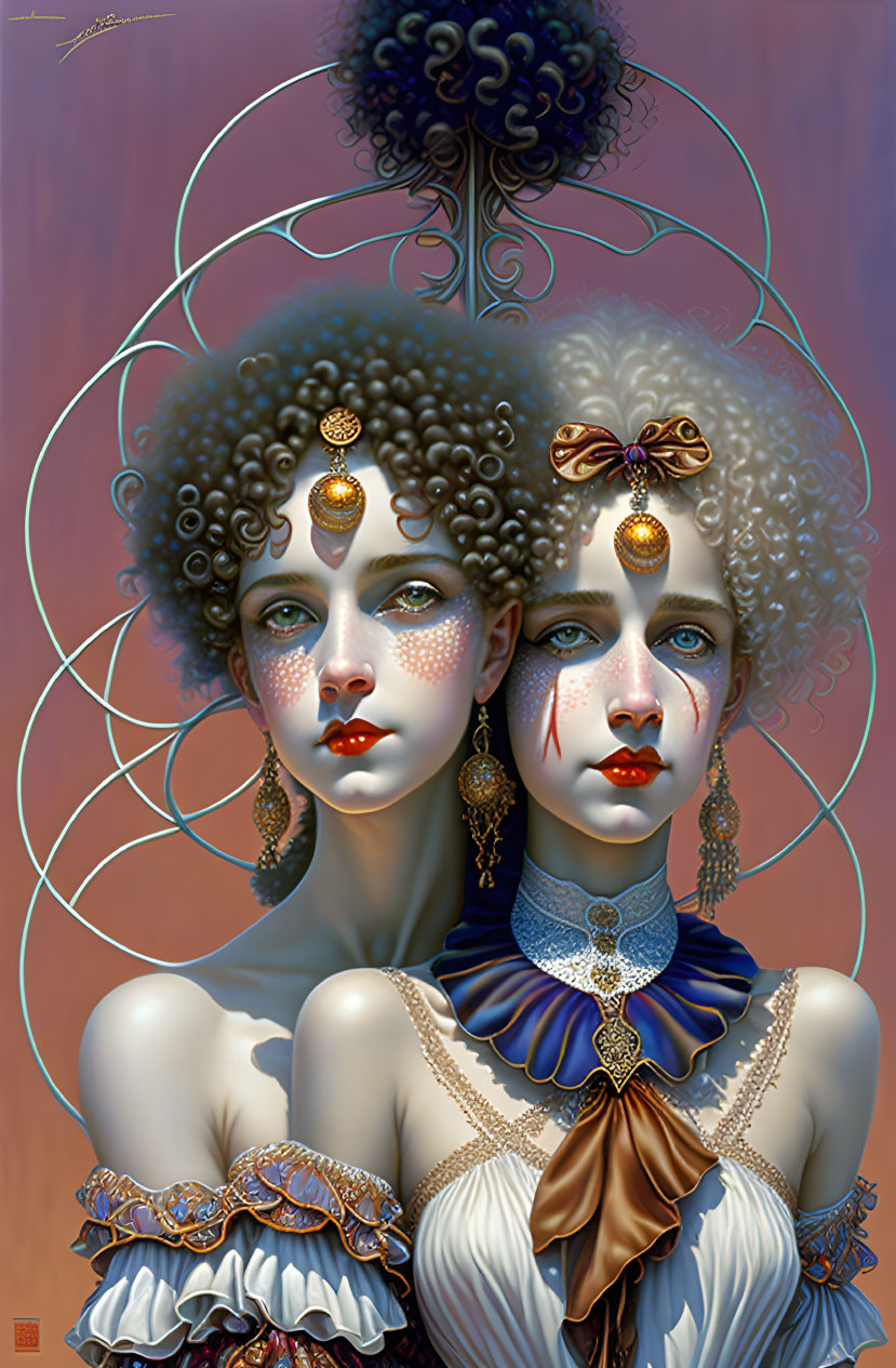 Identical females with ornate headdresses and golden jewelry in white blouses