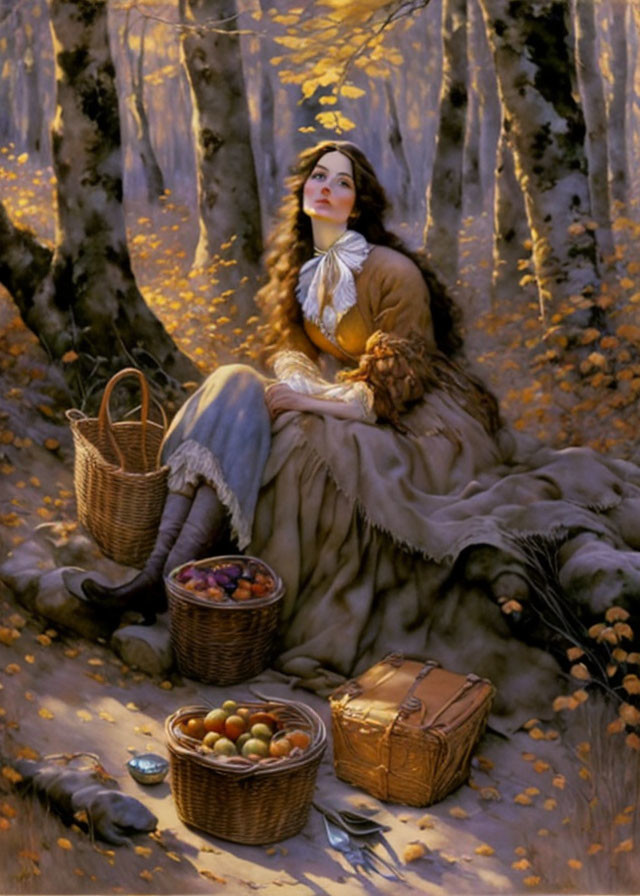 Woman in historical clothing surrounded by fruit baskets in autumn forest.