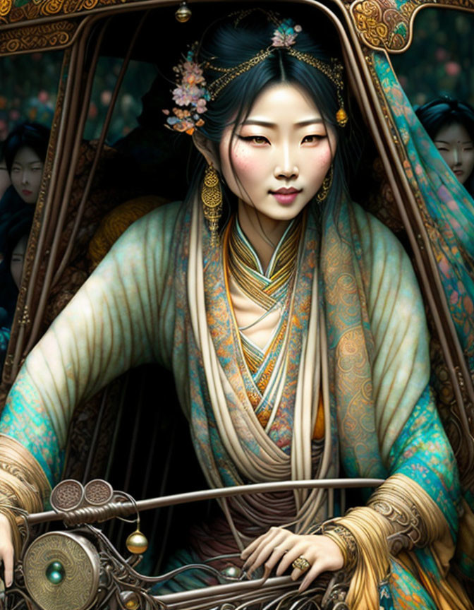 Asian woman in traditional attire with jewelry and flowers in ornate carriage