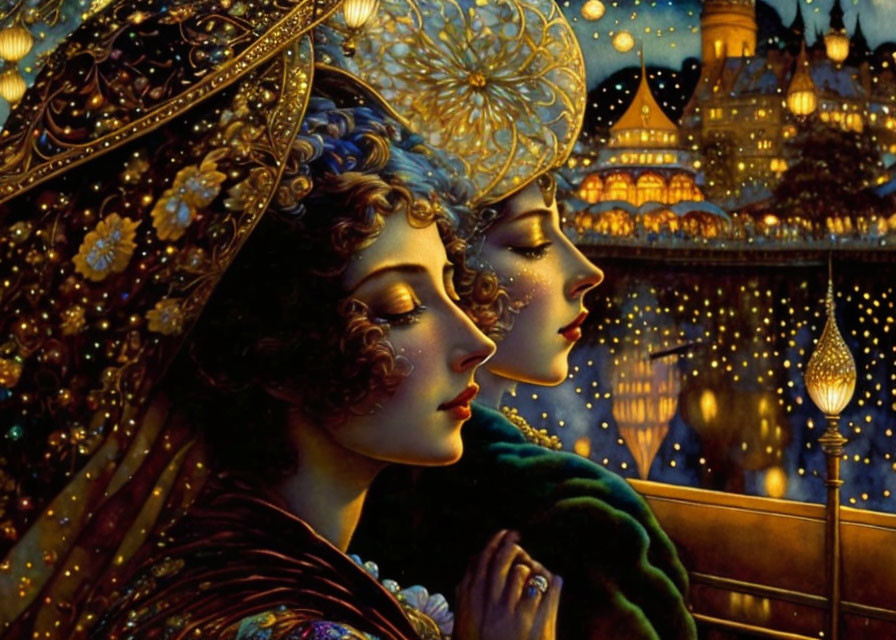 Two elegantly dressed women in intricate attire, one in green, profiled against a night backdrop with