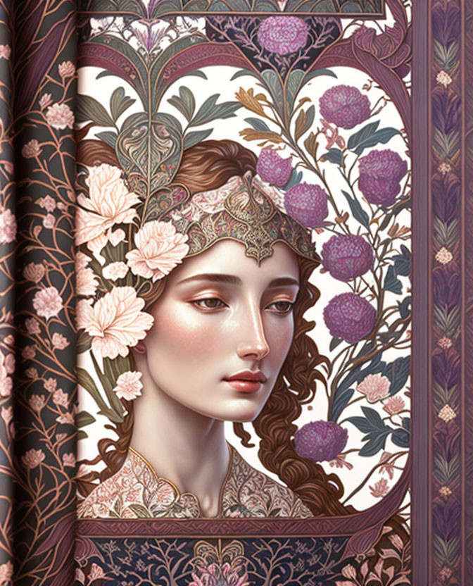 Illustrated woman with floral headpiece and Art Nouveau design elements