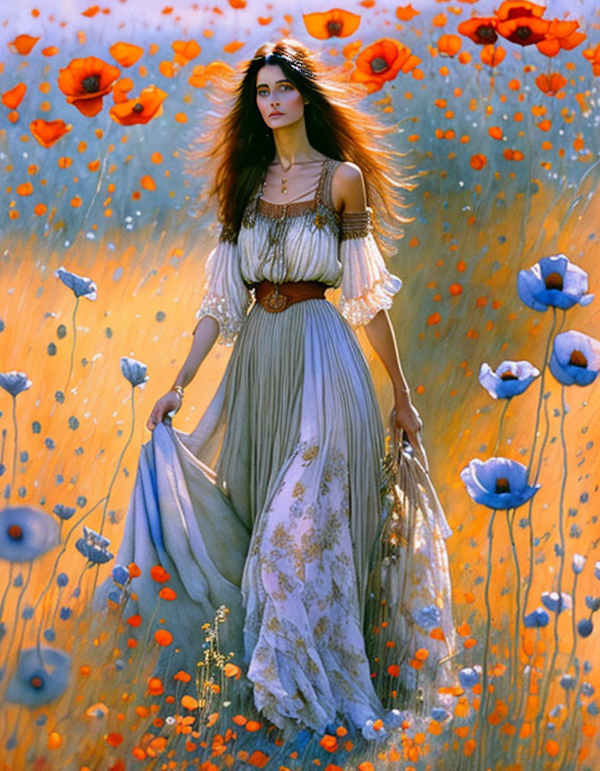 Woman in flowing dress surrounded by vibrant poppies and golden haze