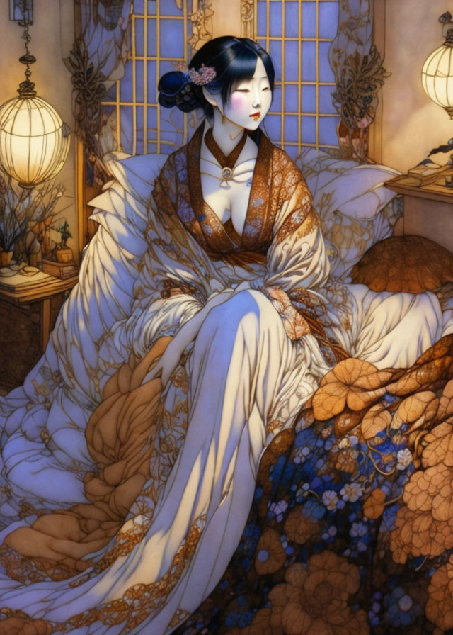 Illustration of poised woman in kimono among cushions and lanterns