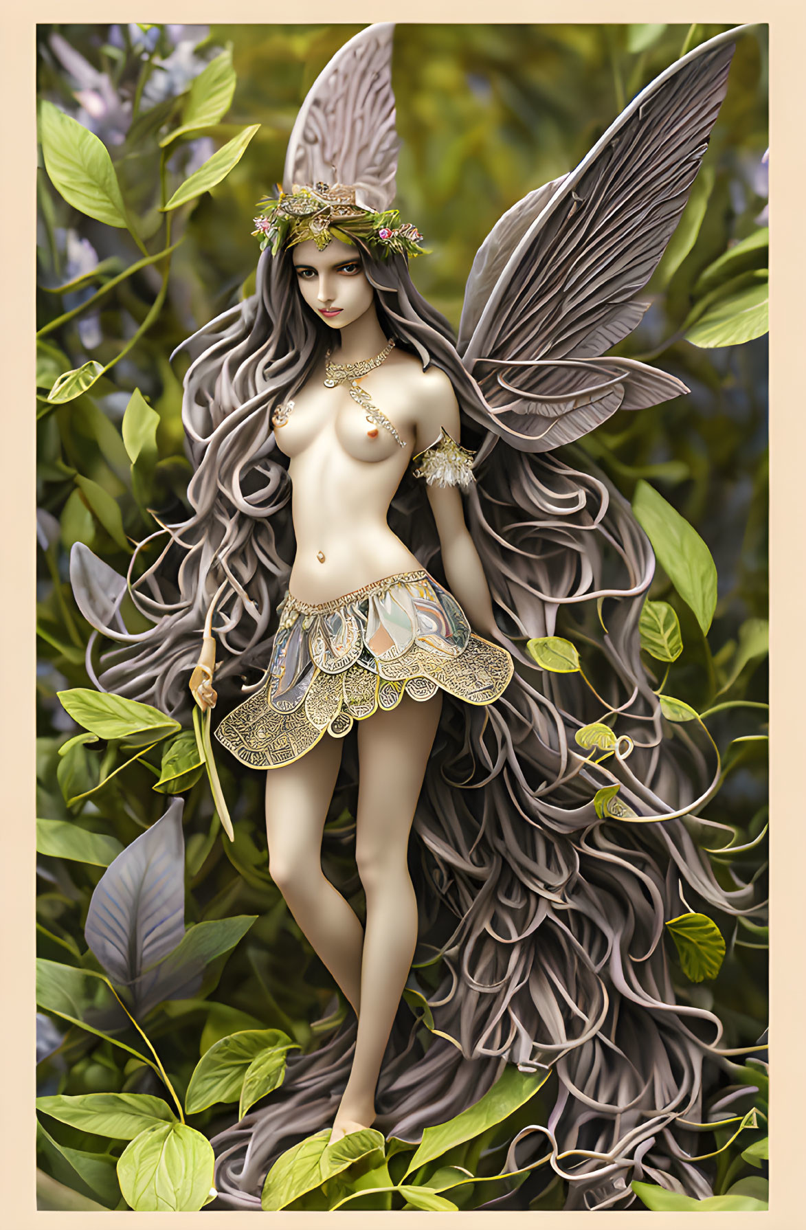 Fantasy art: Fairy with brown wings and grey hair in golden jewelry, amid green foliage