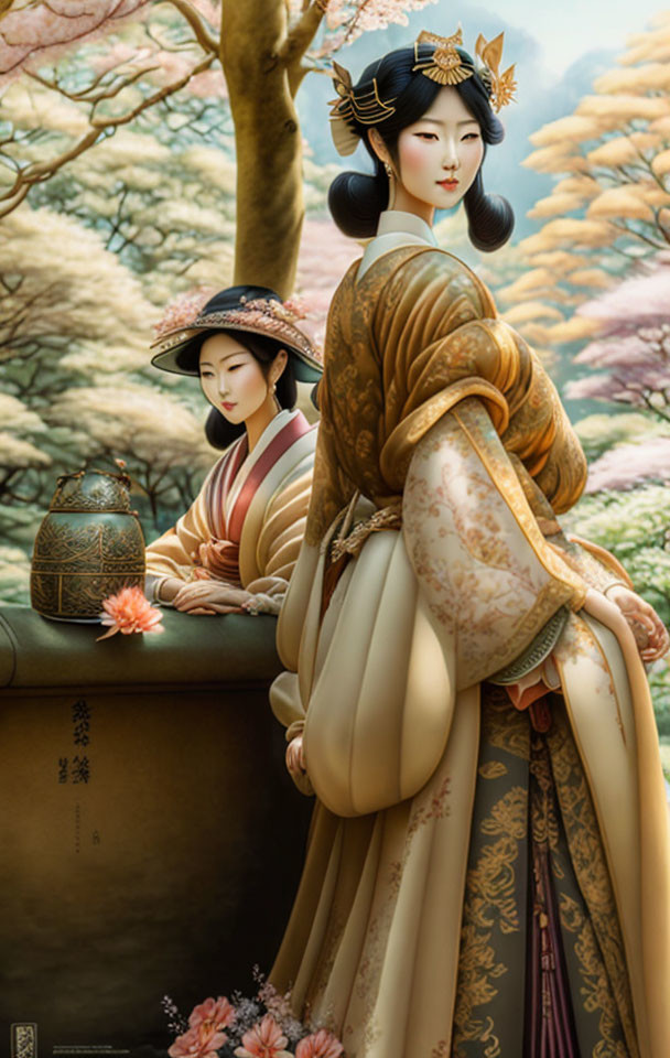 Traditional Asian Attire Women with Teapot and Cherry Blossoms