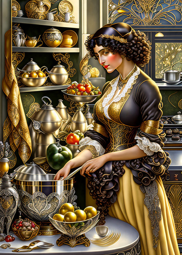 Vintage-dressed woman in kitchen with shiny utensils and ripe vegetables.