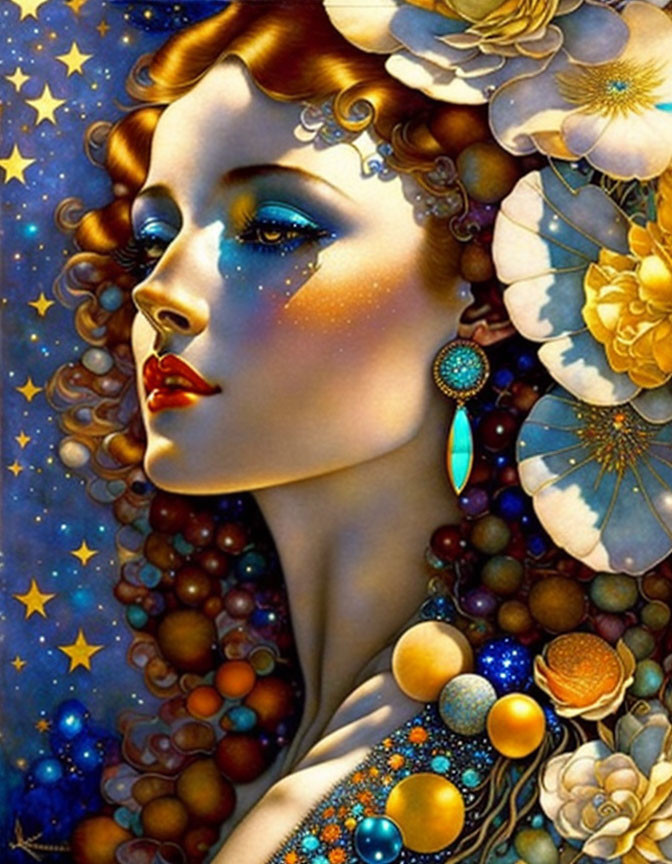 Starry blue-skinned woman with golden flowers and cosmic backdrop