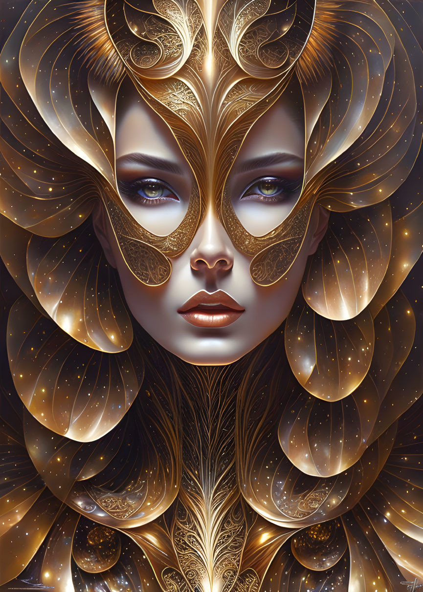 Digital artwork featuring woman with ornate gold patterns, shimmering eyes, and plumage-like adornments