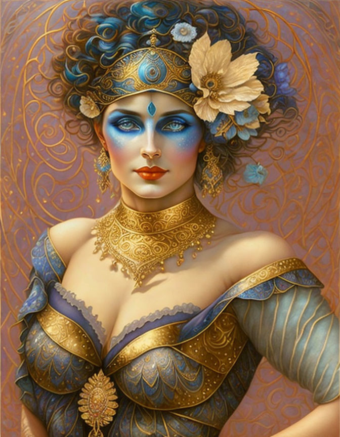 Blue-skinned woman with gold jewelry and headdress on patterned background