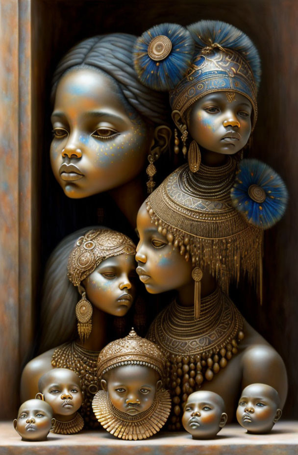 Surreal painting of ornately adorned figures with African-inspired headdresses and jewelry