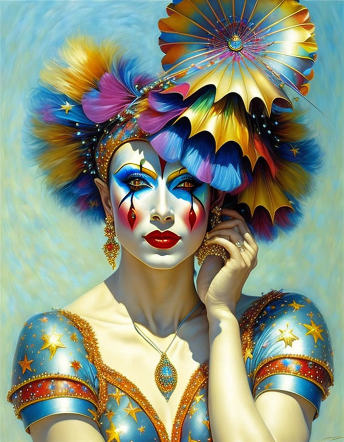 Colorful portrait of person in elaborate makeup and star-patterned costume posing with hand near face