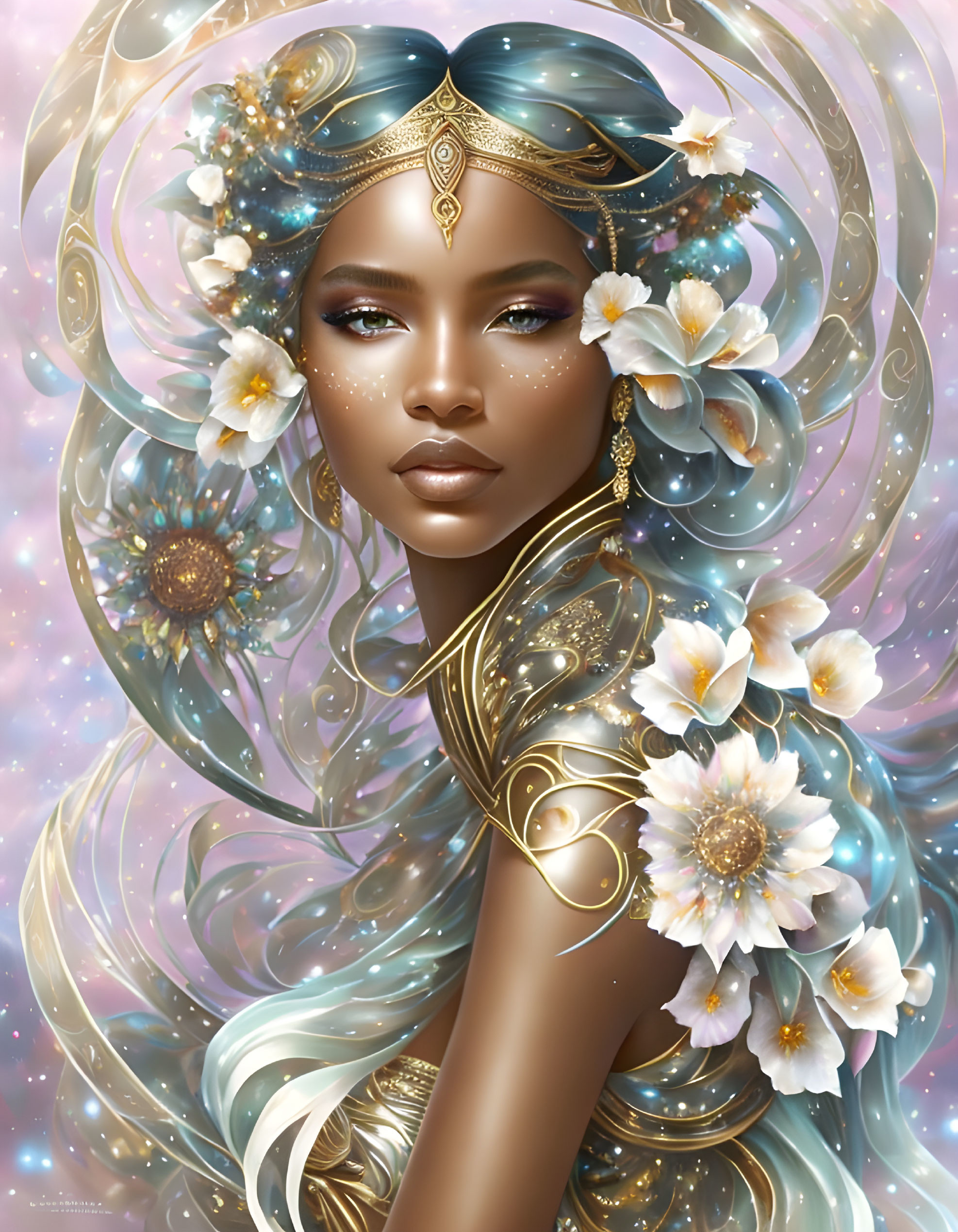 Woman with Golden Jewelry and White Flowers in Hair on Celestial Background