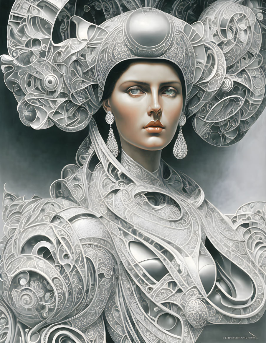 Detailed Illustration: Woman in Elaborate Metallic Headdress & Ornate Armor