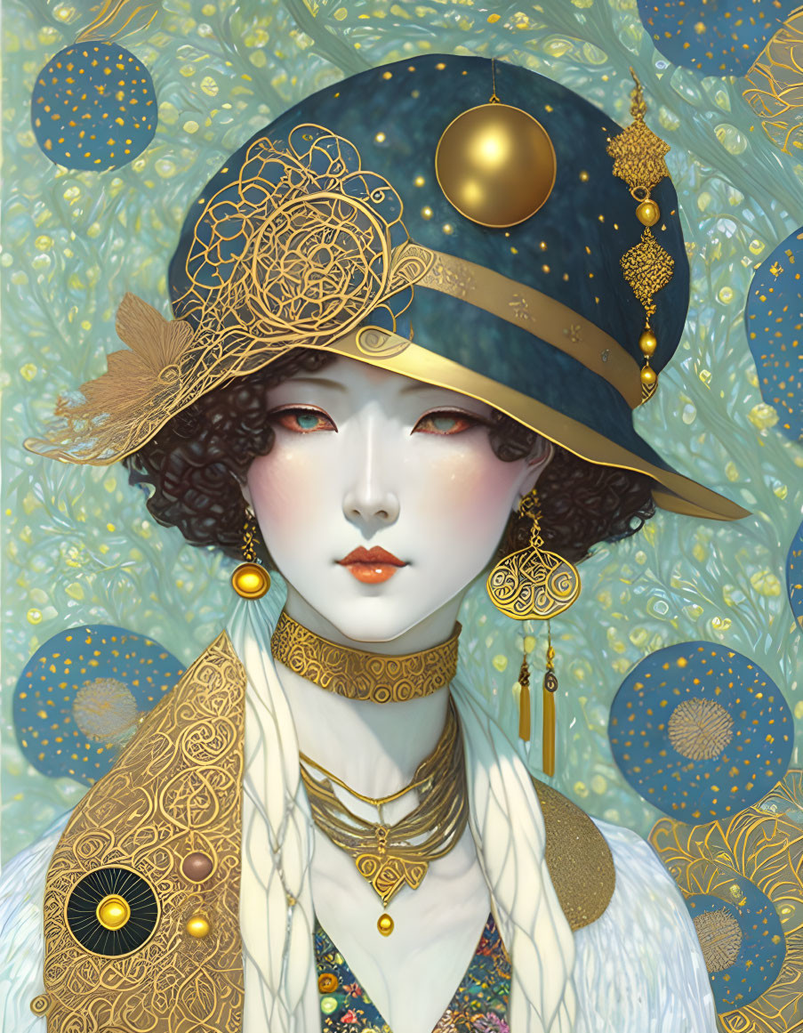 Woman adorned with gold jewelry and celestial-themed hat against decorative background.