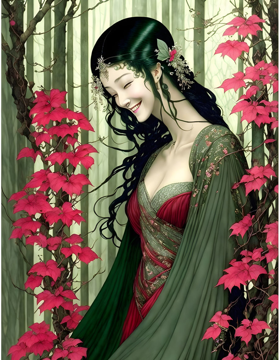 Smiling woman with black hair in green and red dress, surrounded by white trees and red flowers