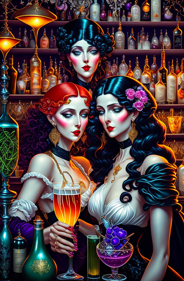 Vibrant Illustration of Three Women in Luxurious Bar Setting