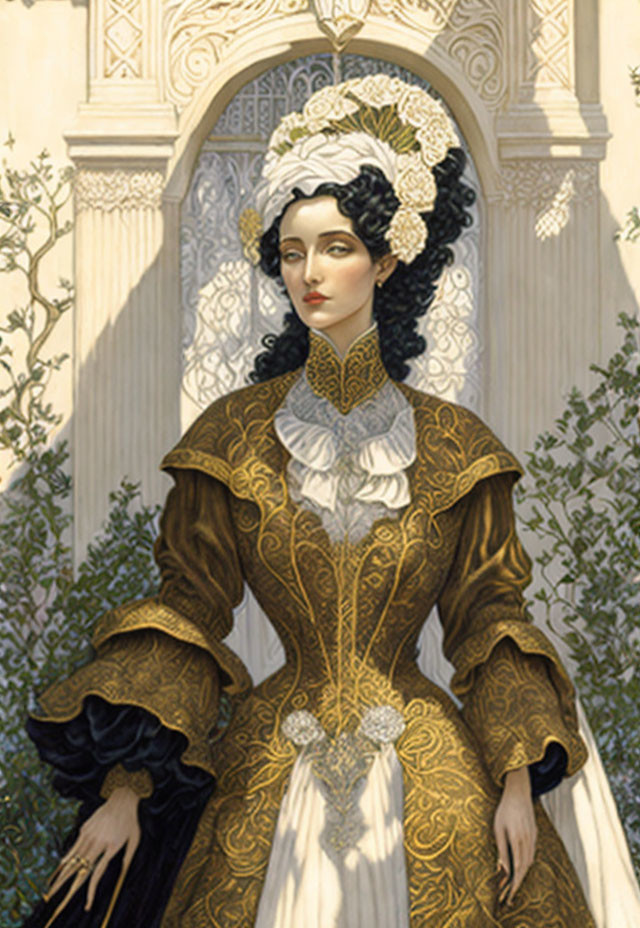 Historical woman in ornate golden dress against foliage backdrop