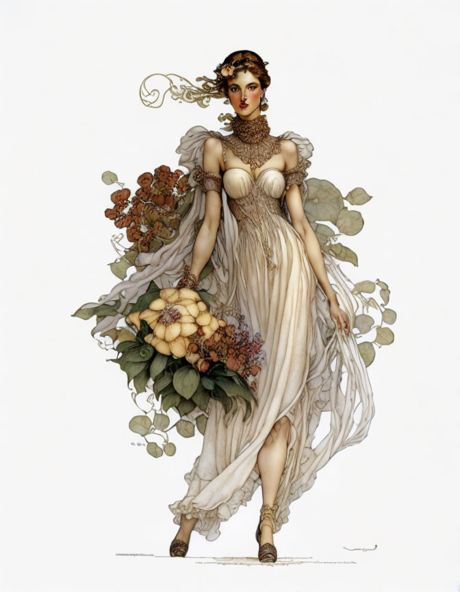 Woman in Ethereal Gown with Floral Adornments