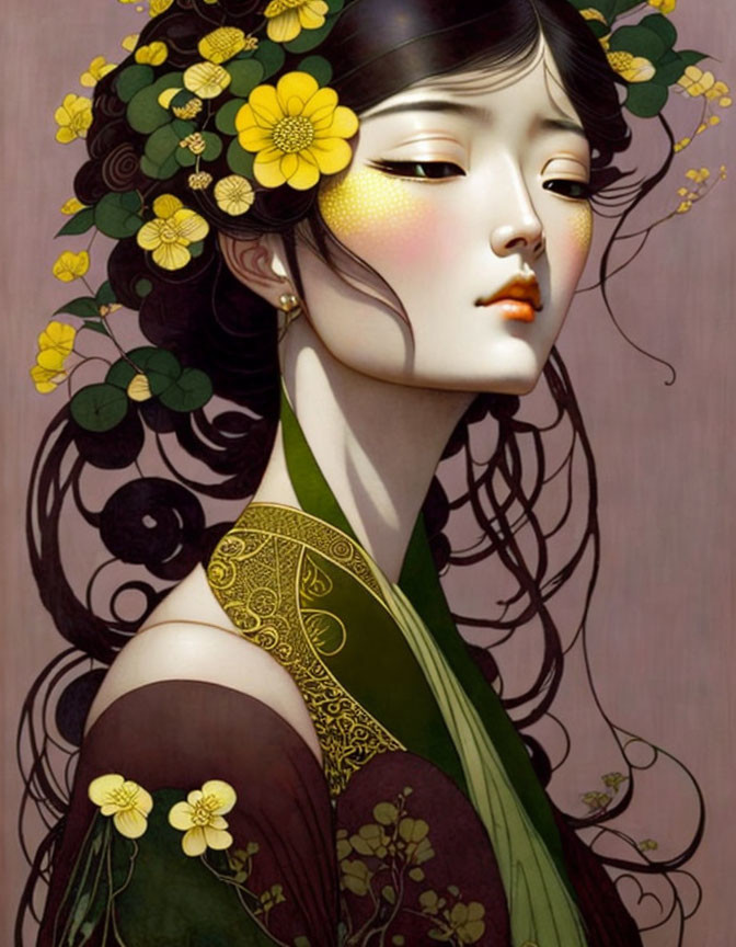 Stylized portrait of woman with pale skin, dark hair, yellow flowers, green attire