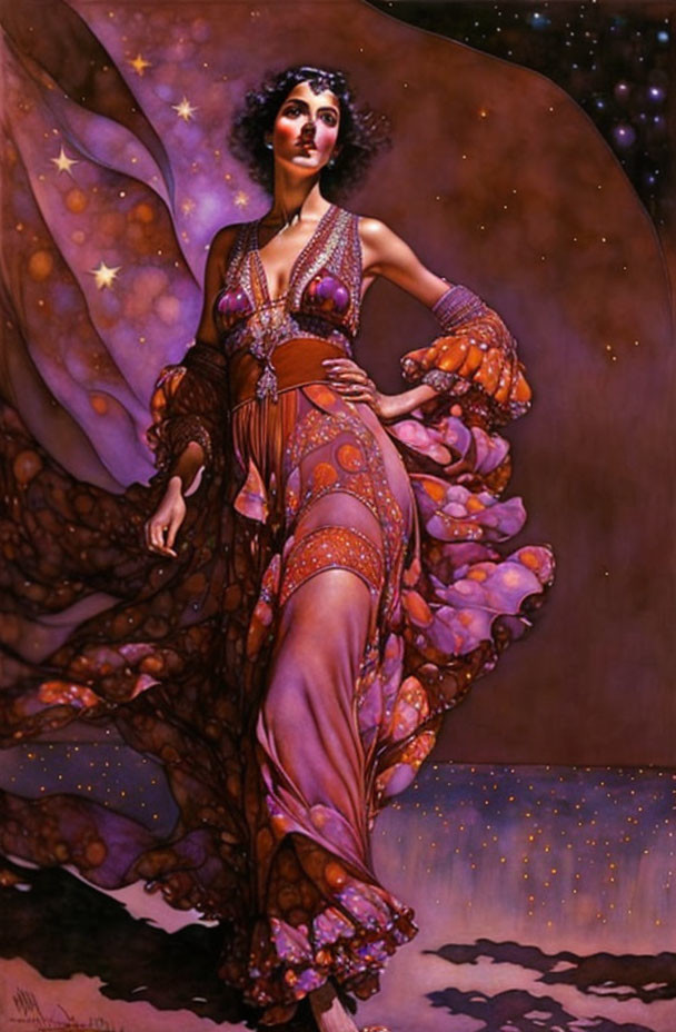 Elegant woman in star-patterned dress against cosmic backdrop