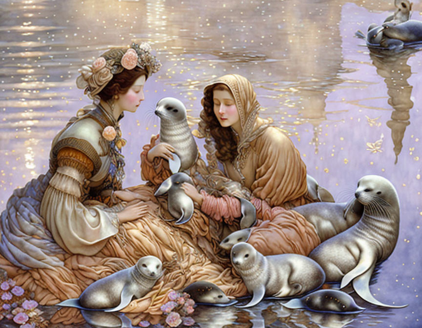 Vintage Dresses Women Playing with Seals in Serene Twilight Nature