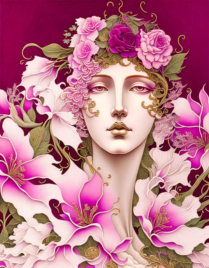 Illustrated portrait of female figure with pink flowers and gold filigree on deep pink backdrop