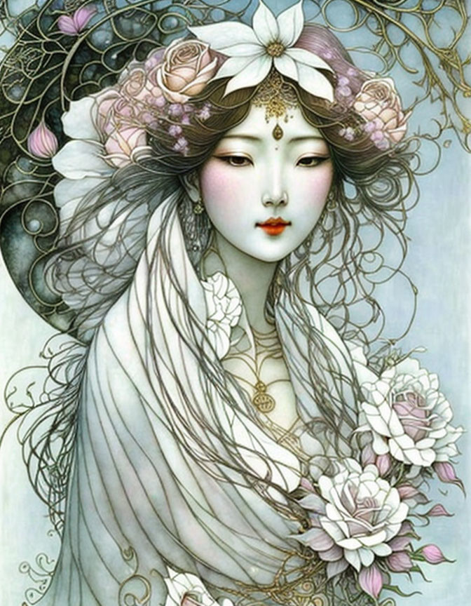 Ethereal woman in white garments with gold jewelry among vines and flowers