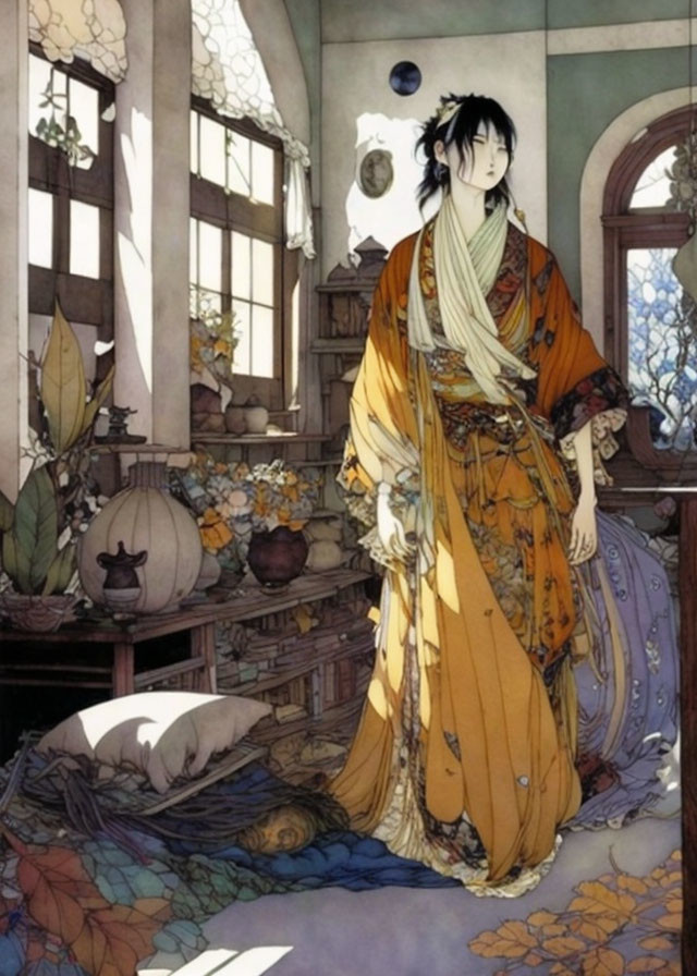 Illustrated person in traditional attire with autumn leaves in room.